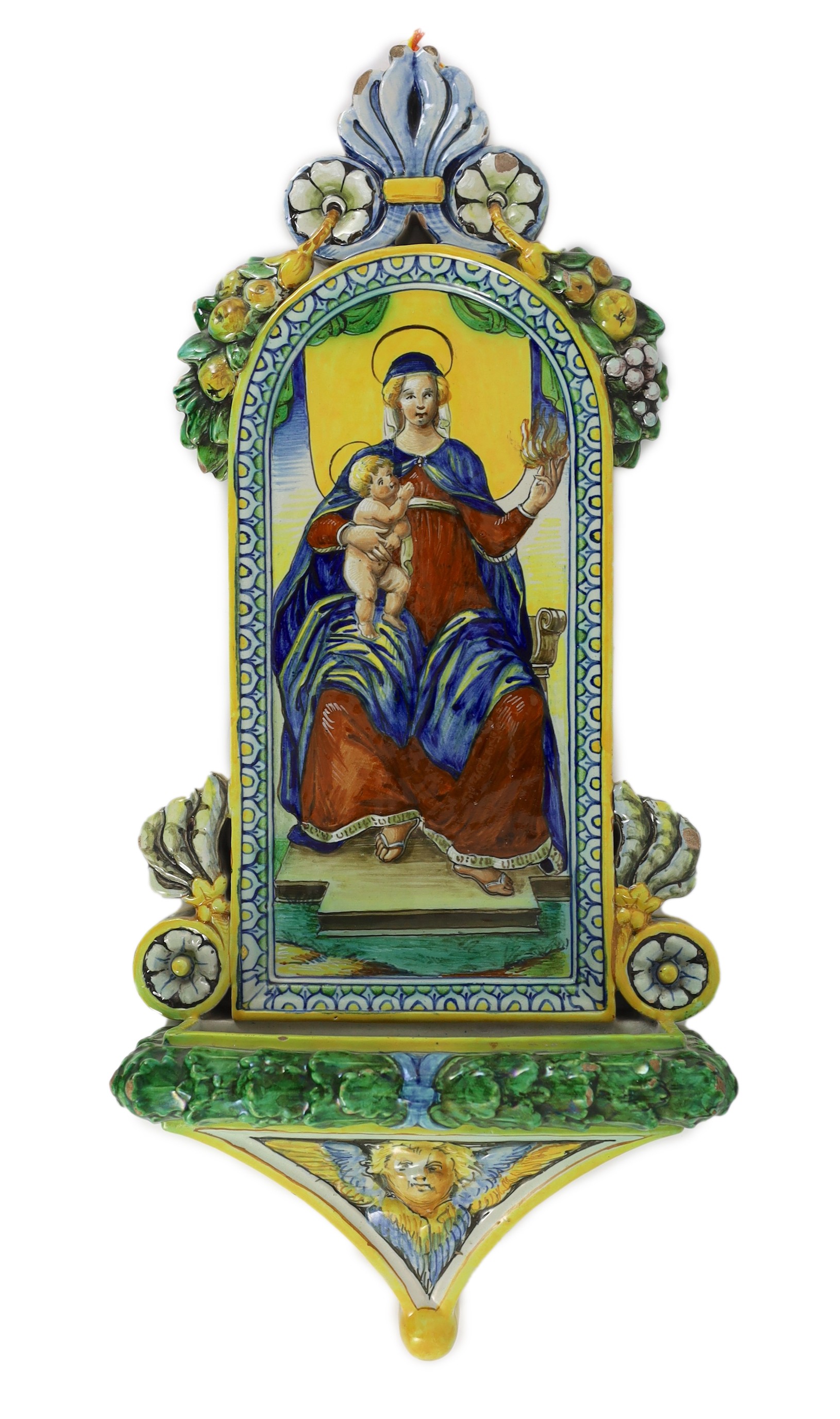 A Cantagalli maiolica holy water stoop, late 19th century/early 20th century, 49 cm high